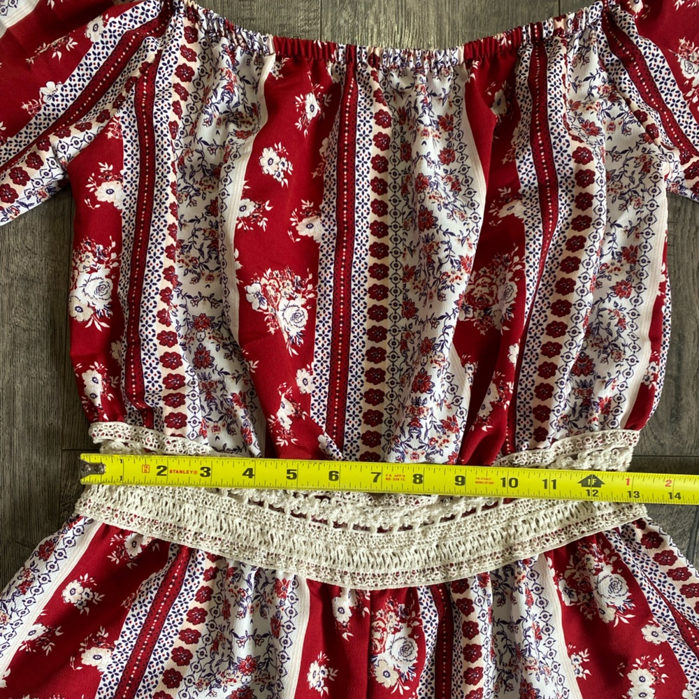 Rue21 Red Floral Off-Shoulder Romper with Crochet Waist - Picture 9 of 12